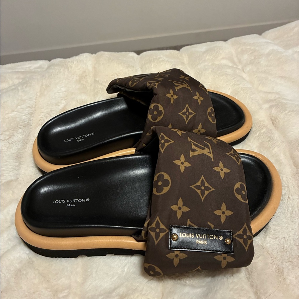 Louis Vuitton Monogram Brown and Tan Slides